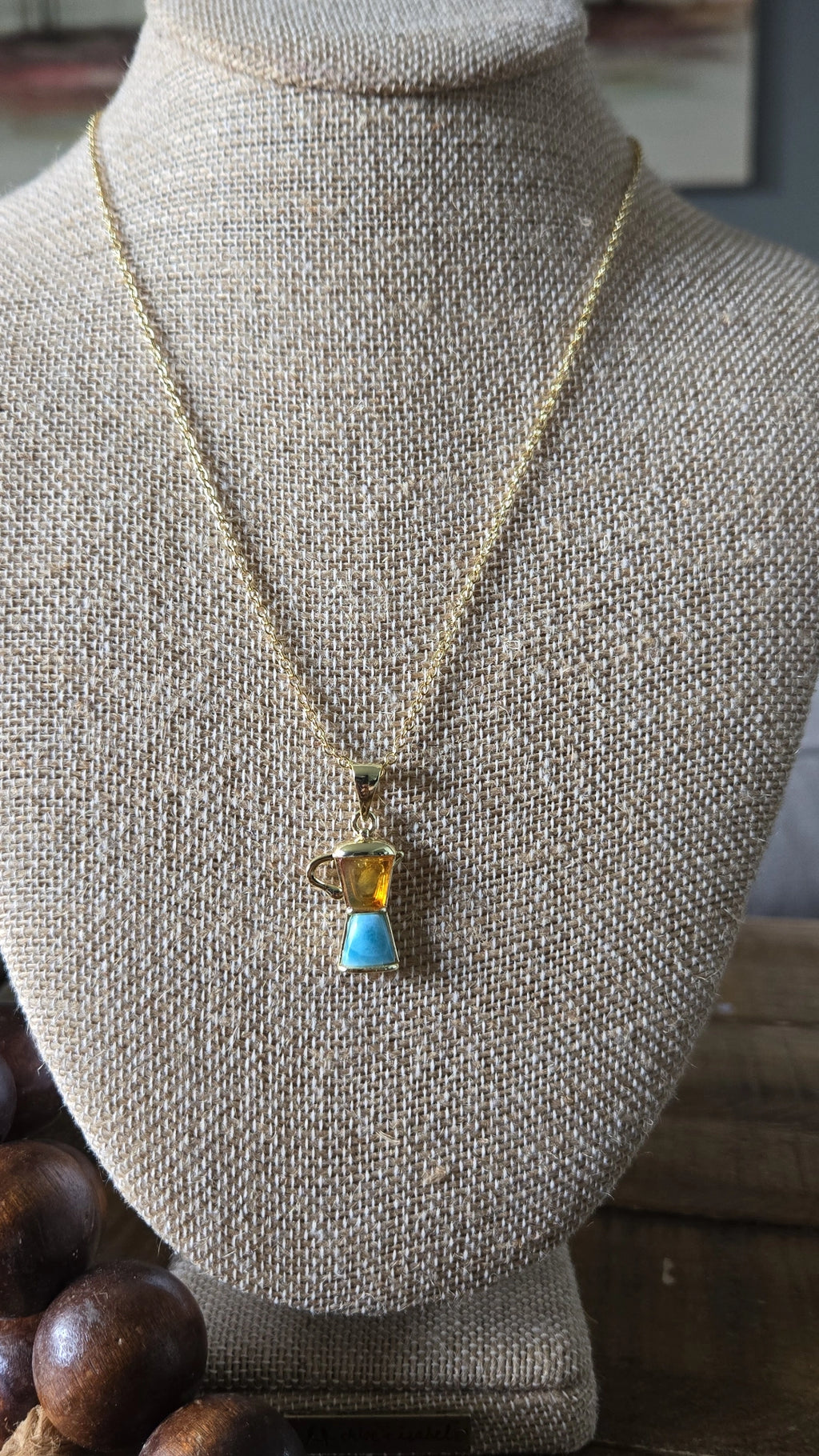 Larimar and amber greca/coffee pot necklace