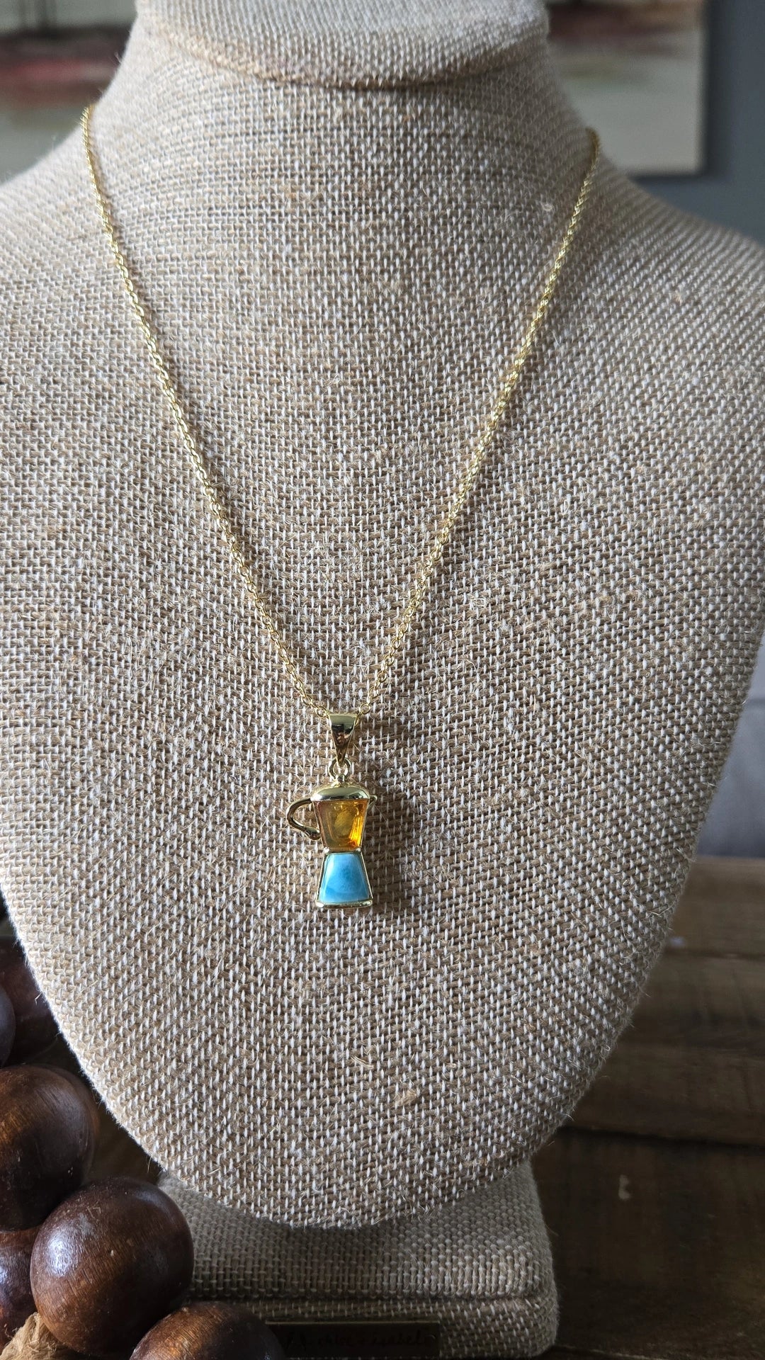 Larimar and amber greca/coffee pot necklace