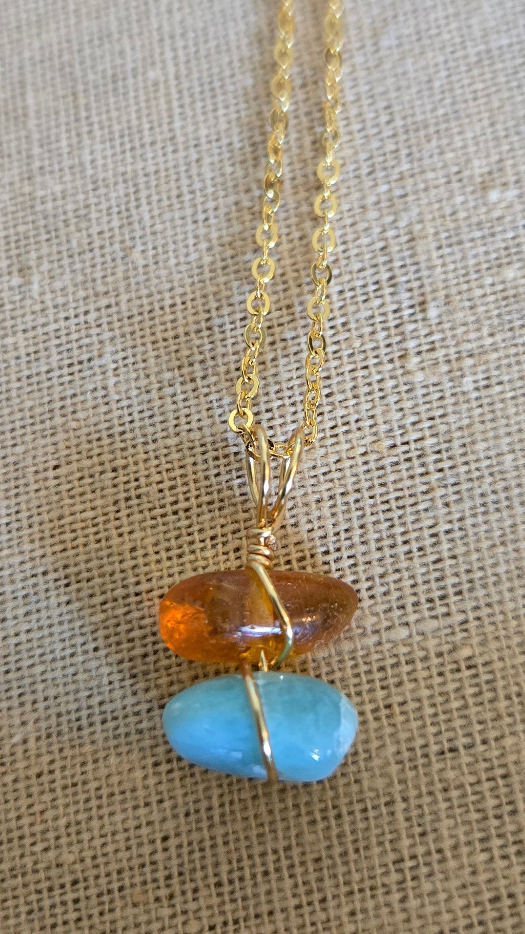 Wire-wrapped Amber-Larimar necklace