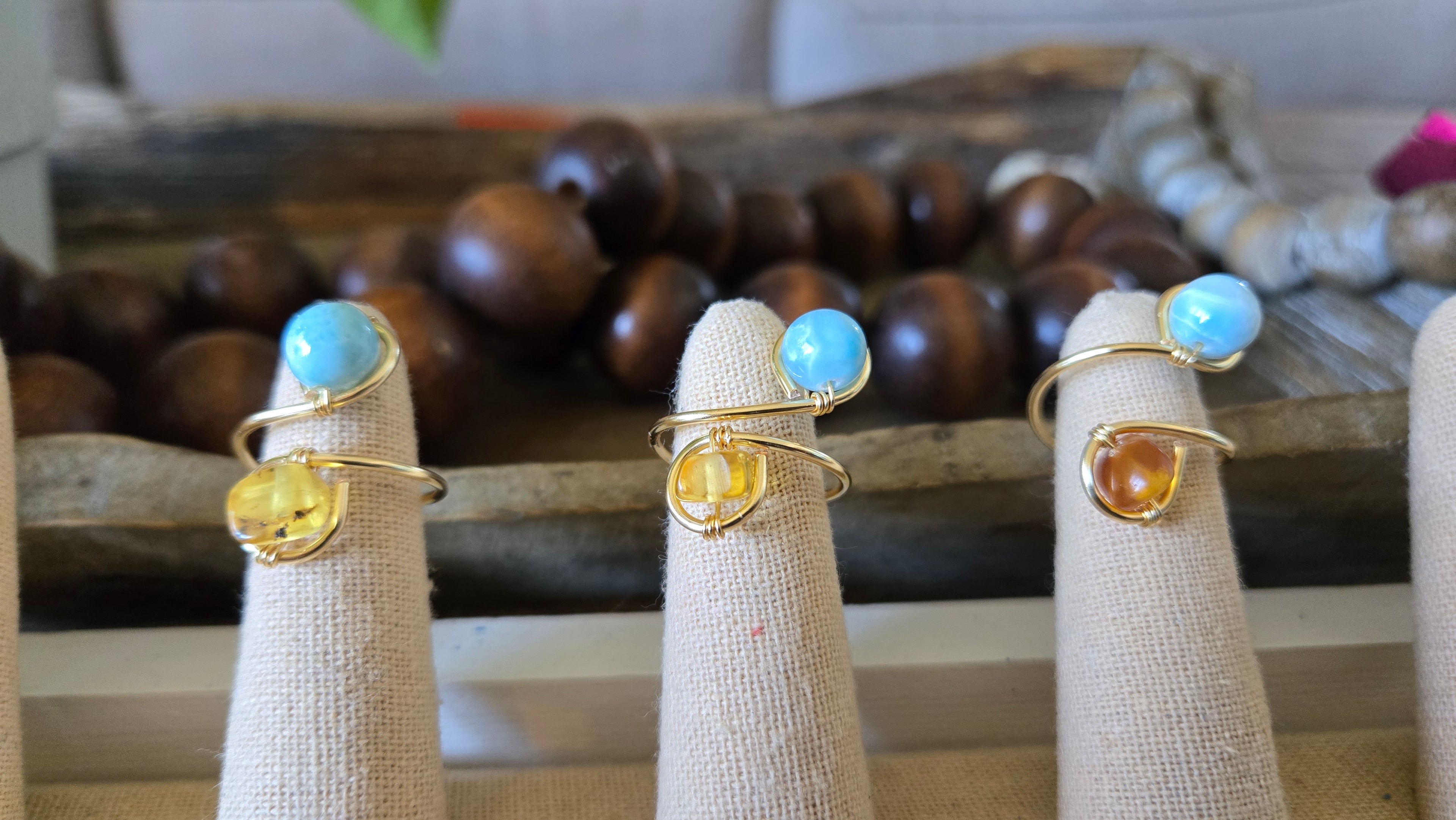 Wire-wrapped two stones adjustable ring- Larimar/Amber