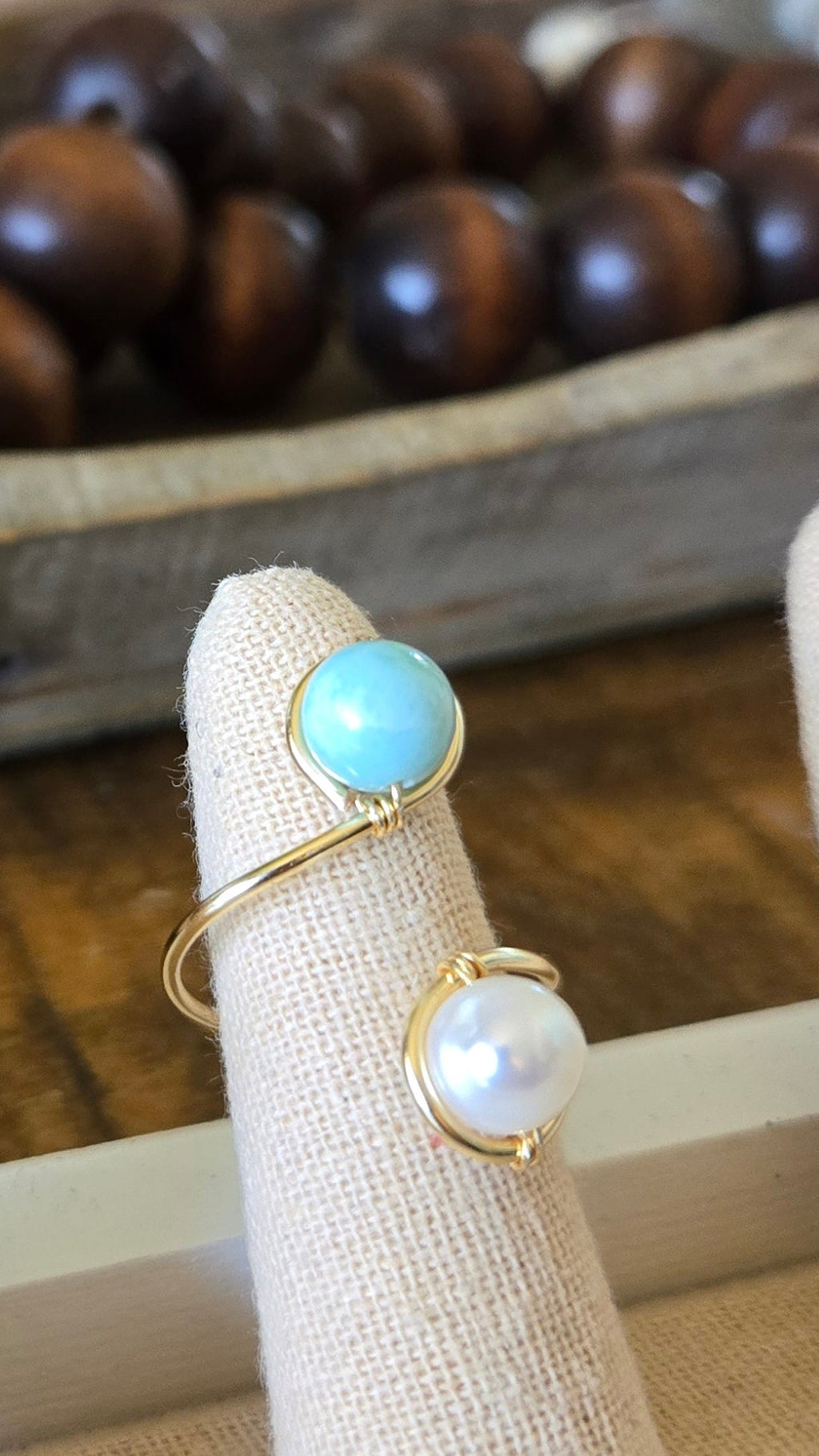 Wire-wrapped two gems/1 loop adjustable ring- Larimar/River Pearl