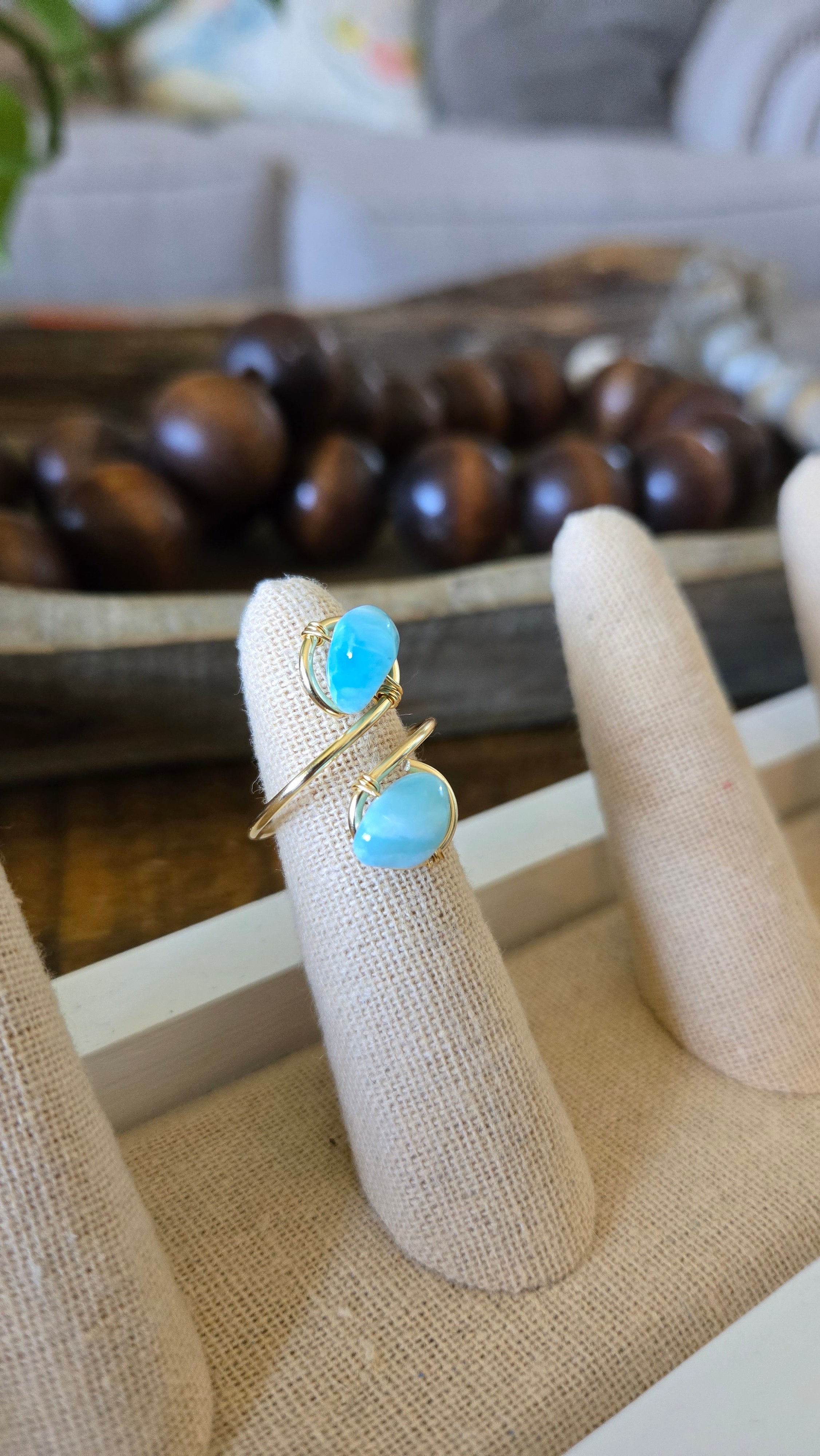 Wire-wrapped two stones adjustable ring- Larimar