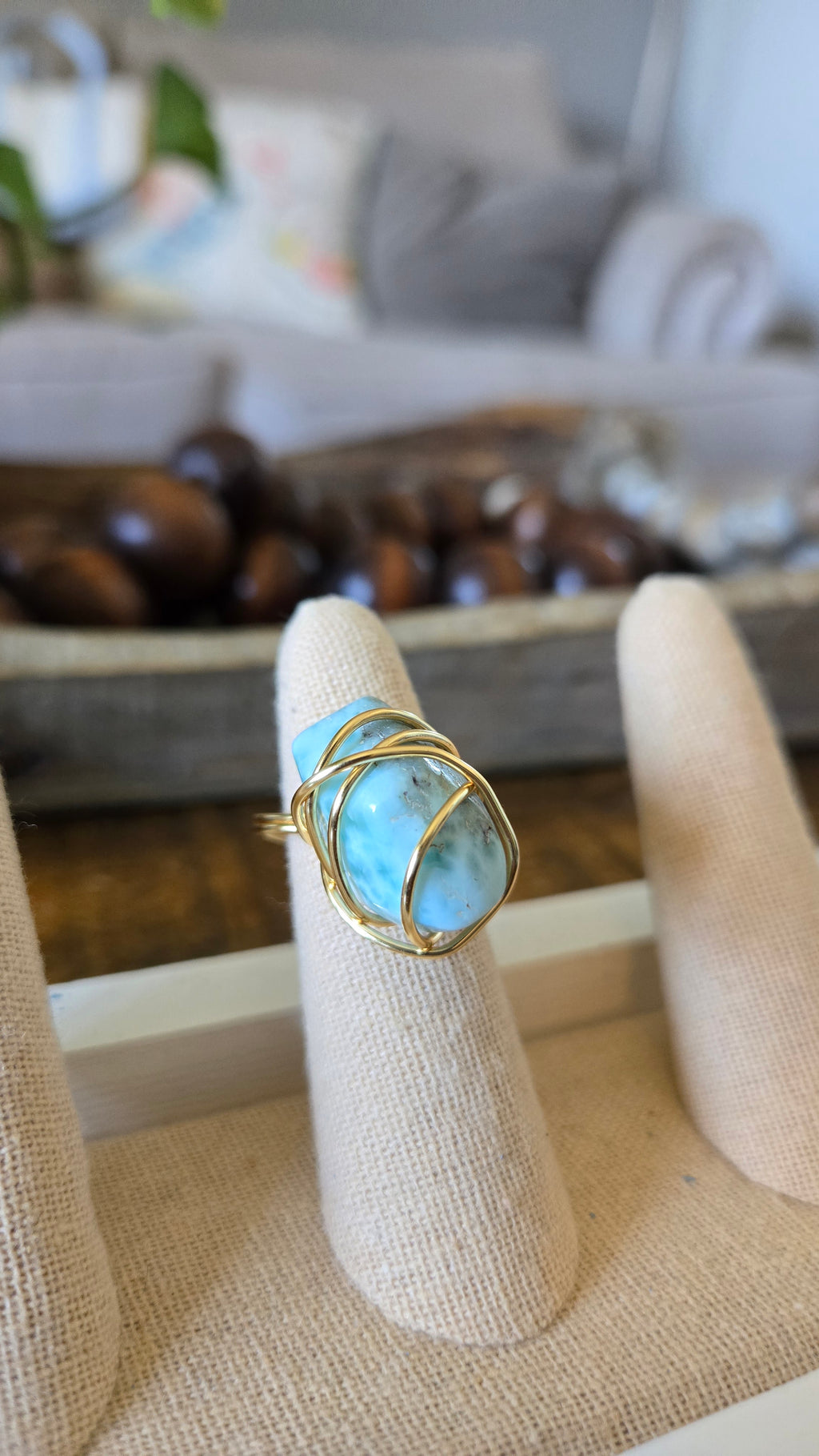Natural Stone Larimar Wire-wrapped Adjustable Ring