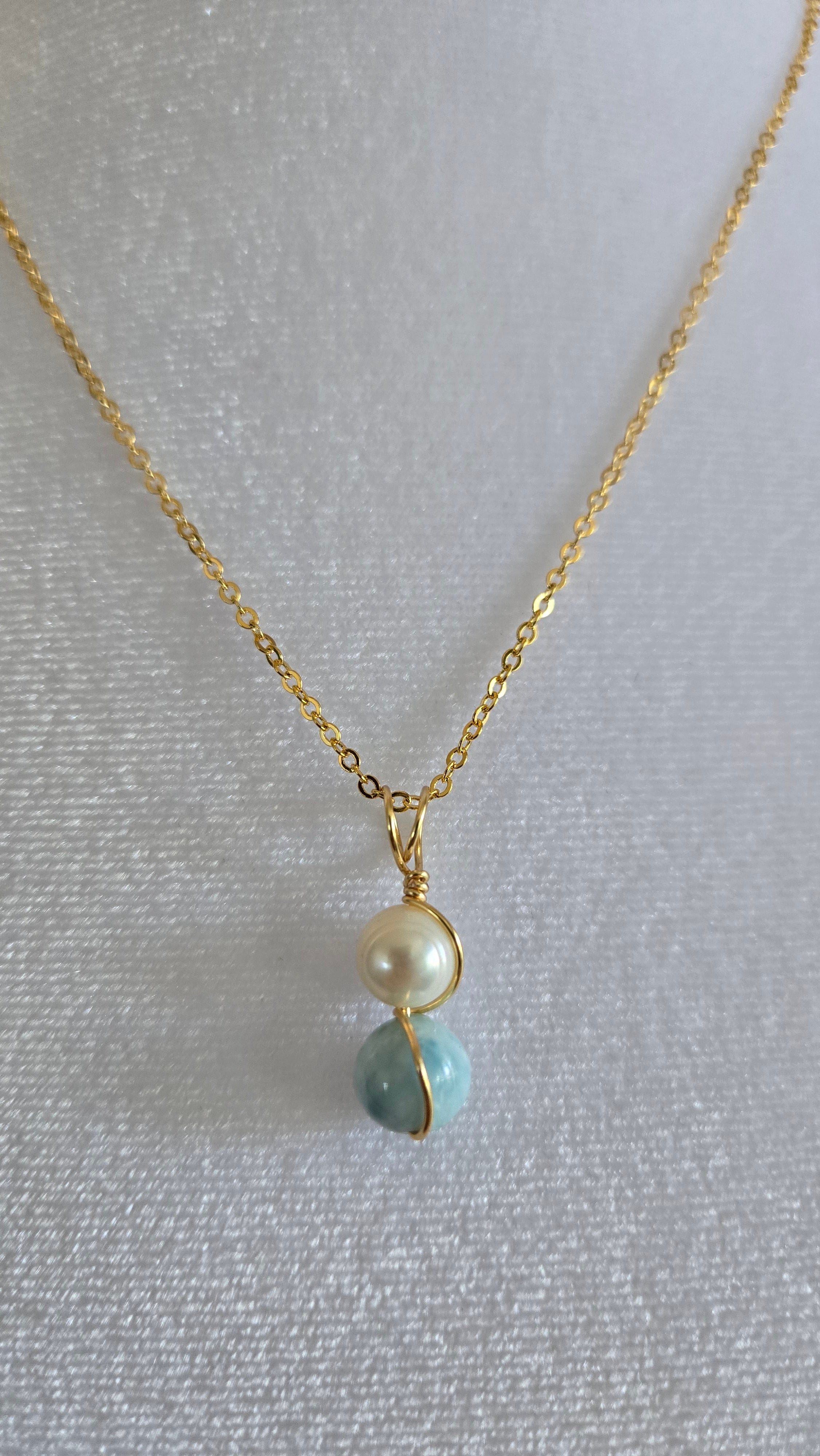 Wire-wrapped Freshwater Pearl-Larimar necklace